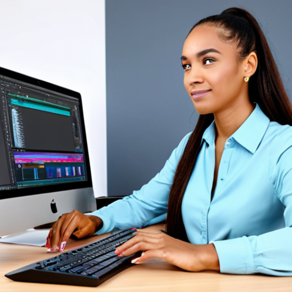 **

A professional multimedia content creator, fully clothed in appropriate attire, sitting at a desk in a bright, modern studio. She is working on a video editing project on her computer. The background includes video equipment and editing tools. Perfect anatomy, natural pose, well-formed hands, proper finger count. Safe for work, appropriate content, family-friendly, professional.

**