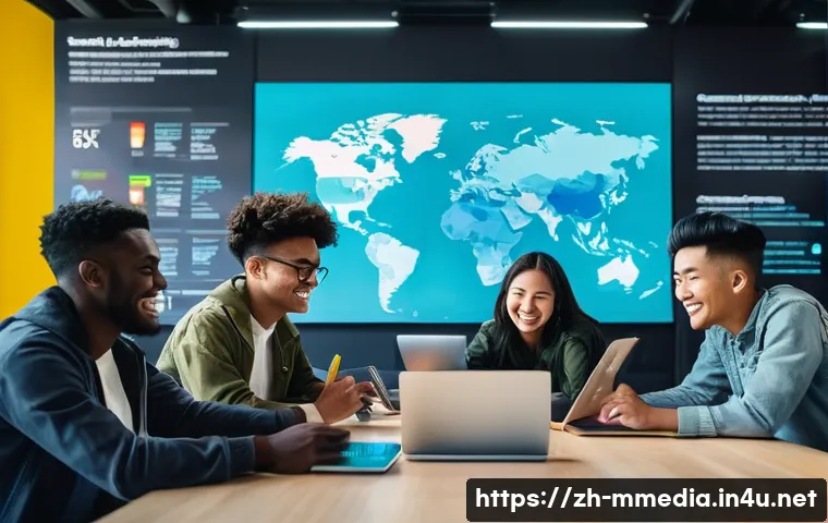 멀티미디어 콘텐츠 제작의 글로벌 표준 - **Prompt:** A diverse group of young adults, aged 18-30, from various global backgrounds (e.g., East...